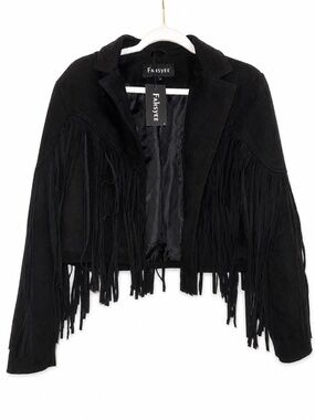 FAHSYEE Black Faux Suede Fringe Cropped Jacket NWT